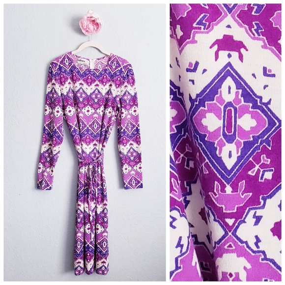 Vintage Dresses & Skirts - Vintage‎ Goldworm Purple And White Geometric Longsleeve Merino Wool Dress